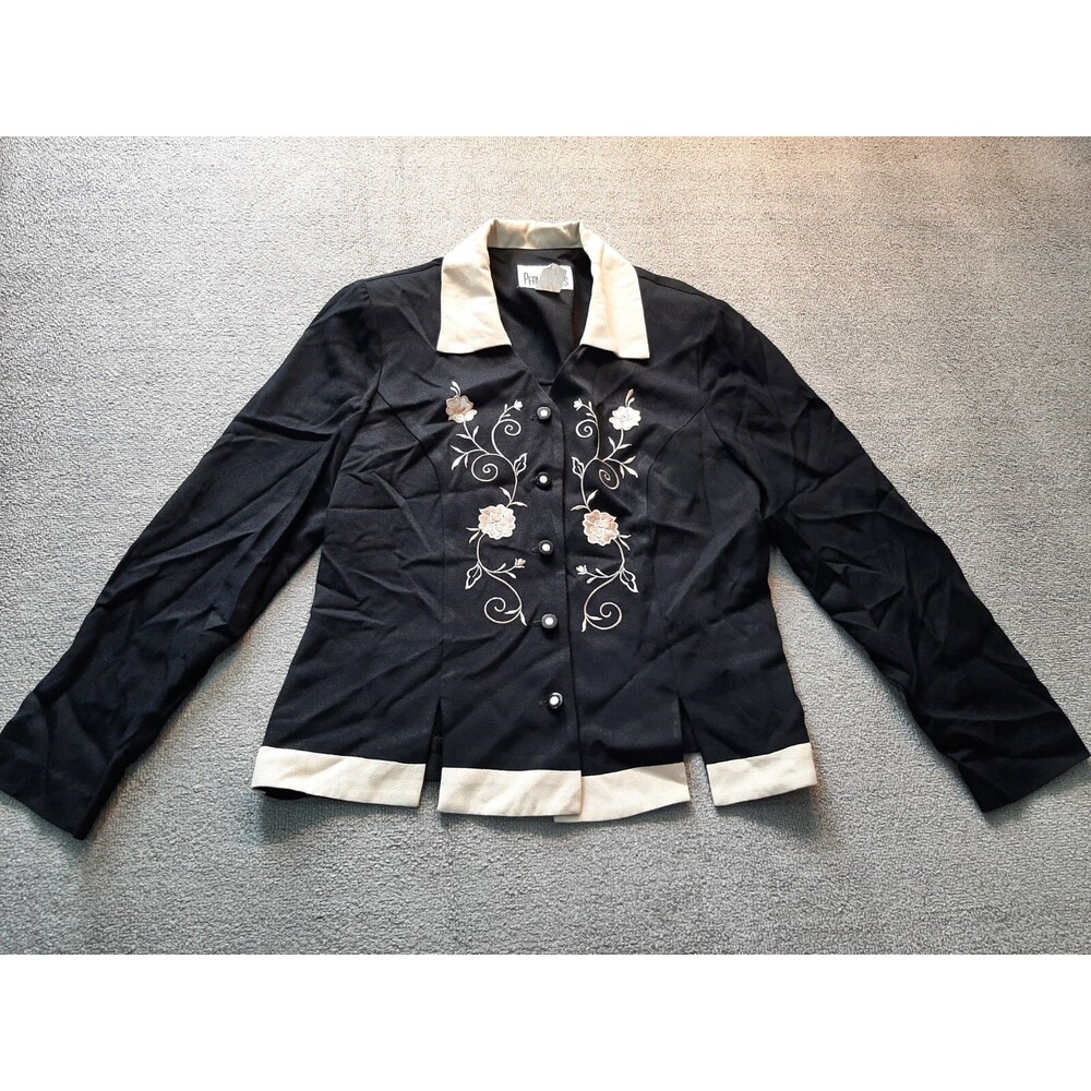 Peri Petites Blazer Womens size 10 black jacket Sport coat Floral Embordered VTG